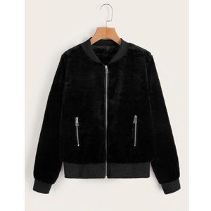 Cozy Black Zip Up Fuzzy Bomber Jacket Coat Faux Fur With Pockets 🧥
